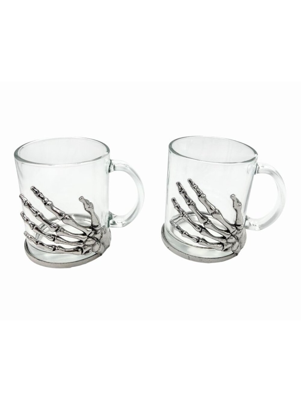 NWT SET OF 2 SILVER METAL SKELETON HAND GLASS MUGS HALLOWEEEN GOTHIC UNDEAD